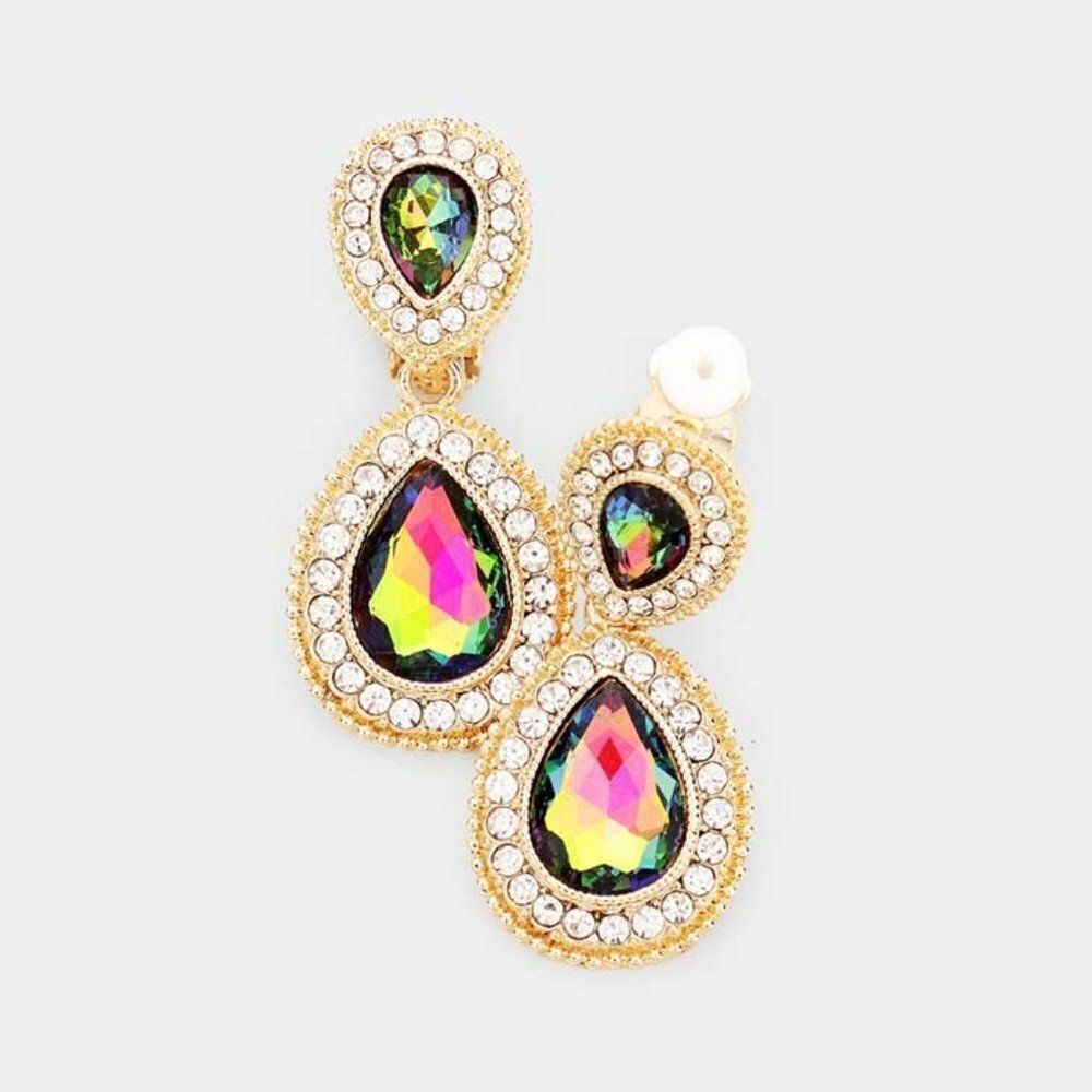 Oil Spill Glass Crystal Pave Trim Teardrop Clip on Earrings  NWT
